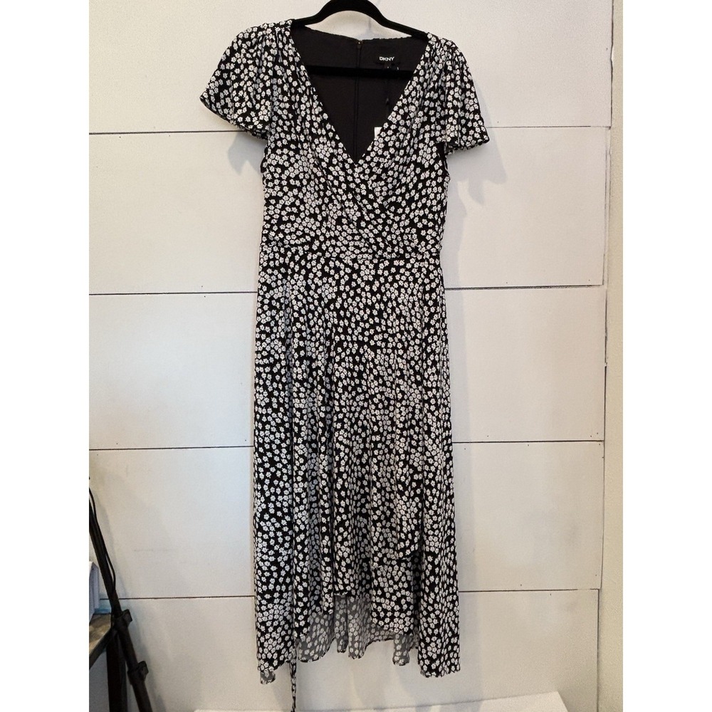 dkny dress Size 12 Faux Wrap  Black With Flowers, A Very Flowy Dress  NWT $119 R